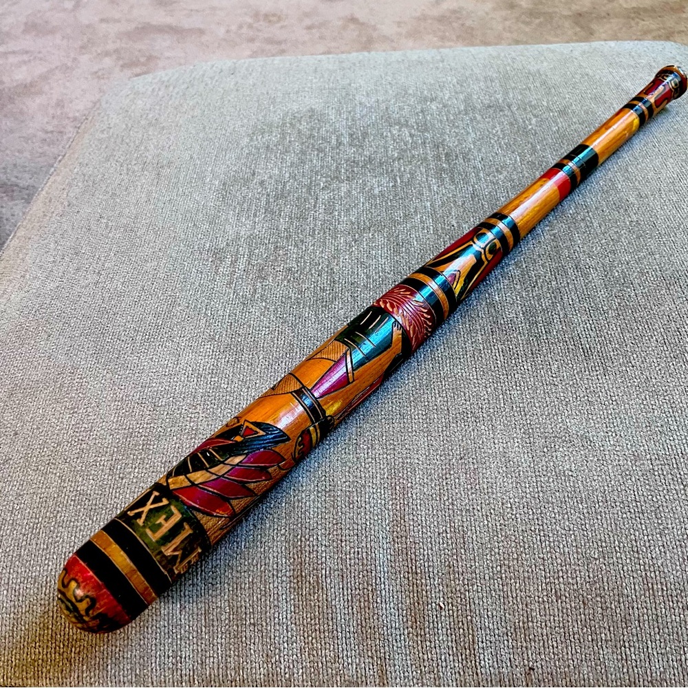 Hand-painted, hand-carved Aztec full size baseball bat from Sinaloa 60s, art,